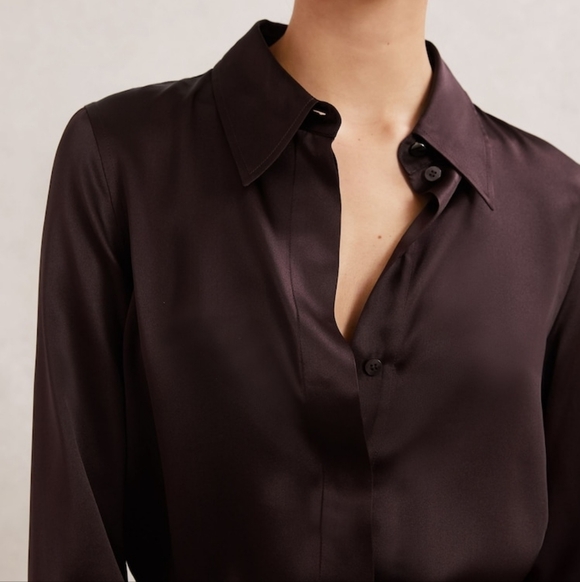 Big Sale! Reiss Silk Satin Concealed-Placket Shirt in Burgundy - Picture 3 of 9